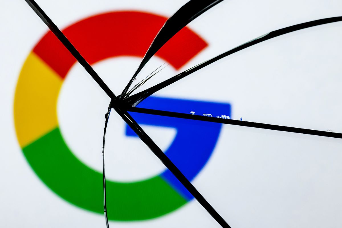 Kazan,,Russia,-,Oct,26,,2021:,Logo,Of,The,Google
Kazan, Russia - Oct 26, 2021: Logo of the Google technology company in the reflection of a broken mirror. The concept of problems in the work of Google.