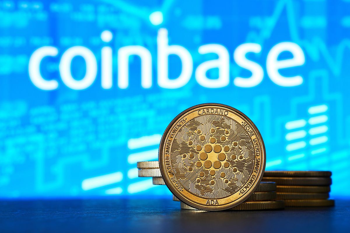 San,Sebastian,,Spain,-,June,15,,2022:,Macro,View,Of
San Sebastian, Spain - June 15, 2022: Macro view of shiny gold colored coins with Cardano symbol and Coinbase background