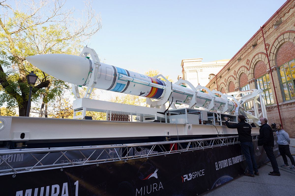 Madrid Hosts The Presentation Of Miura 1, The First Spanish Space Rocket To Be Launched By Pld Space In 2022 MIURA 1, the first Spanish space rocket, during its presentation on the esplanade of the National Museum of Natural Sciences, on 12 November, 2021 in Madrid, Spain. Manufactured by the company PLD Space in Elche (Alicante) and tested at the airport of Teruel, it will be launched from the base of El Arenosillo, in Huelva, in the third quarter of next year. The 12.2-meter-long device will reach an altitude of 153 kilometers and will carry a 100-kilogram payload of equipment. (Photo by Oscar Gonzalez/NurPhoto) (Photo by Oscar Gonzalez / NurPhoto / NurPhoto via AFP)