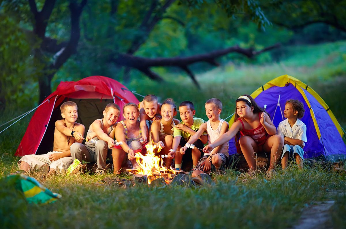 Group,Of,Happy,Kids,Roasting,Marshmallows,On,Campfire