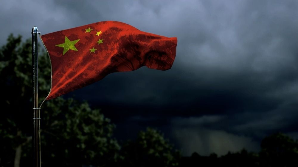 China,Flag,For,Anthem,Day,On,Dark,Storm,Cumulus,Clouds