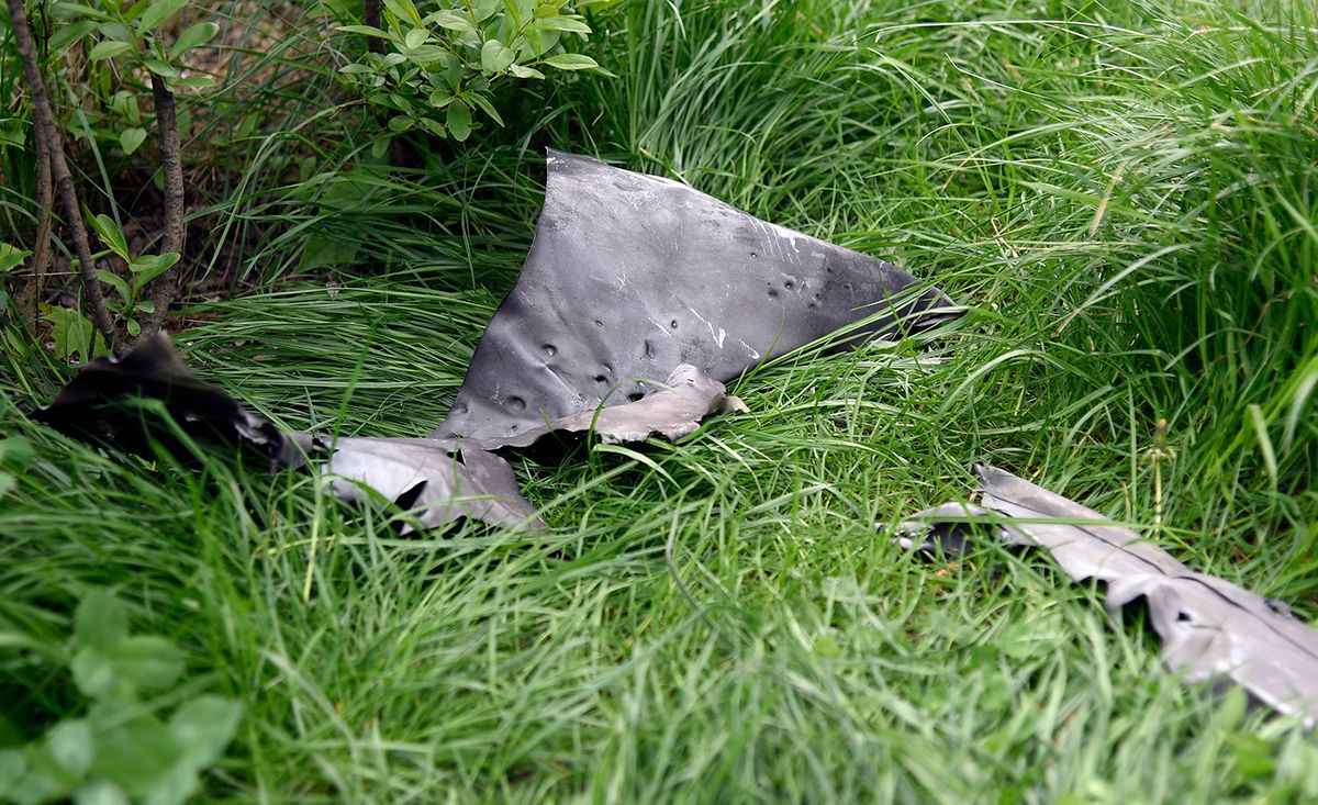 Russian kamikaze drones attack on KyivKYIV, UKRAINE - MAY 08, 2023 - The wreckage of a Russian Shahed kamikaze drone shot down by the Armed Forces of Ukraine in the Sviatoshynskyi district of Kyiv, capital of Ukraine.NO USE RUSSIA. NO USE BELARUS. (Photo by Ruslan Kaniuka / NurPhoto / NurPhoto via AFP)