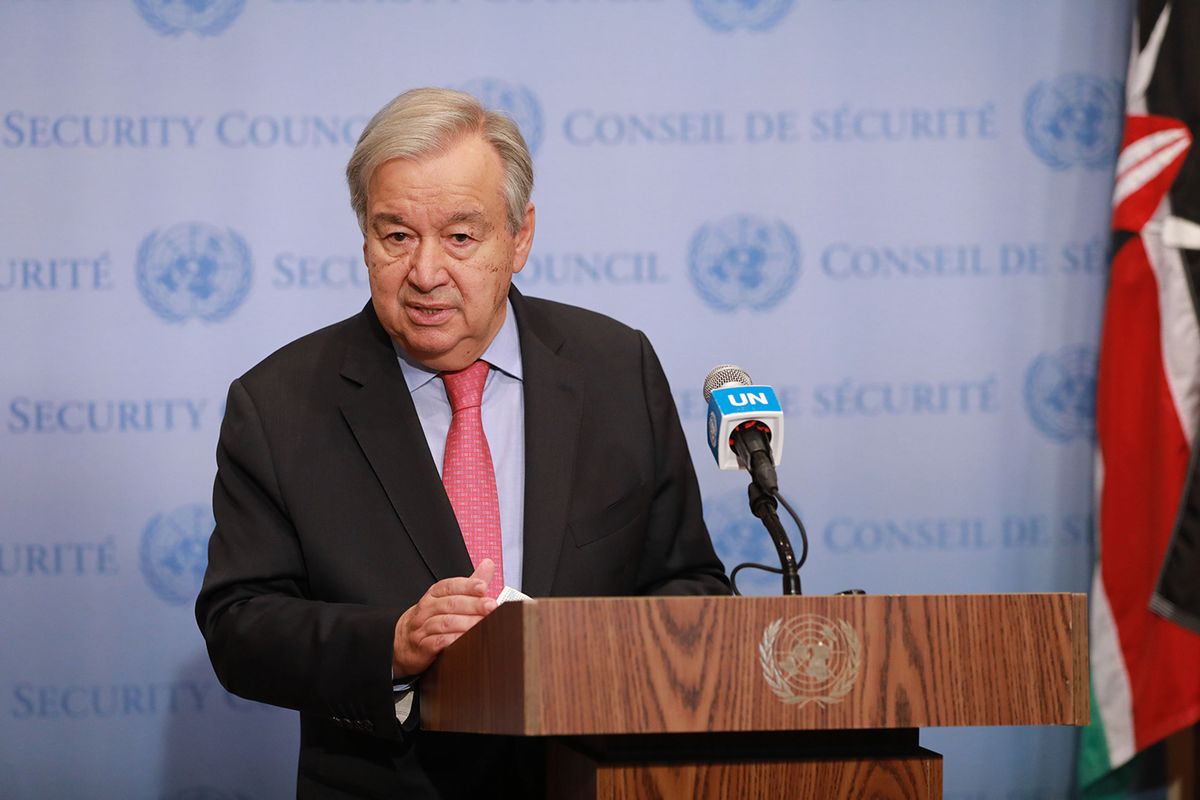 UN-GUTTERES-AFGHAN ECONOMYUN-GUTTERES-AFGHAN ECONOMY(211011) -- UNITED NATIONS, Oct. 11, 2021 (Xinhua) -- United Nations Secretary-General Antonio Guterres speaks to reporters at the UN headquarters in New York, on Oct. 11, 2021. Guterres on Monday called for the injection of liquidity to keep the Afghan economy afloat. (Xinhua/Xie E)Xinhua News Agency / eyevineContact eyevine for more information about using this image:T: +44 (0) 20 8709 8709E: info@eyevine.comhttp://www.eyevine.com
