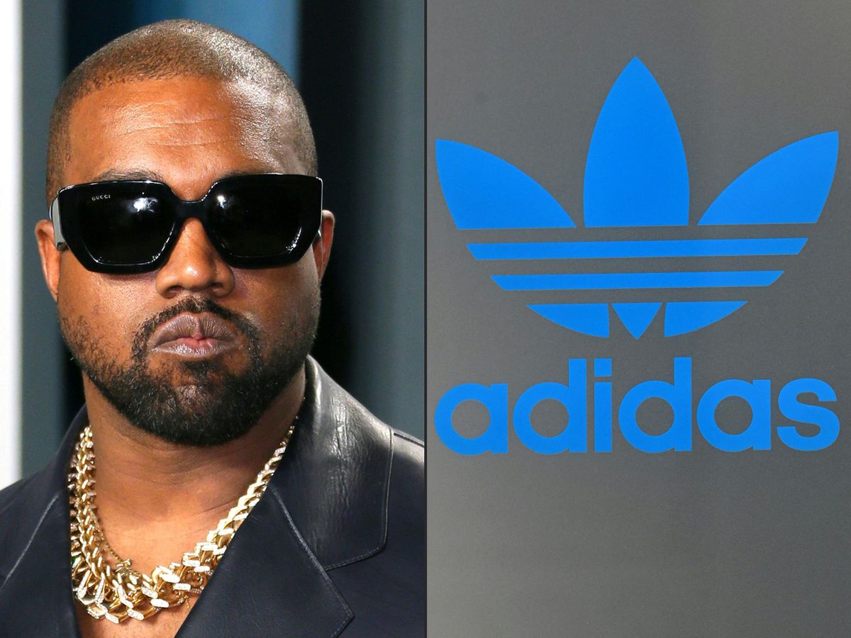 FILES) In this file photo taken on October 25, 2022 (COMBO) This combination of pictures created on October 25, 2022 shows Kanye West attending the 2020 Vanity Fair Oscar Party in Beverly Hills  on February 10, 2020 and the Logo of German sports equipment maker Adidas on a shop in Munich, southern Germany, on March 10, 2021. Adidas said on May 19, 2023 it will begin selling part of its huge inventory of Kanye West's Yeezy products in May, and donate proceeds to NGOs including one founded by the brother of George Floyd.The merchandise has been in limbo since Adidas ended its partnership with the controversial rapper in October 2022. )
