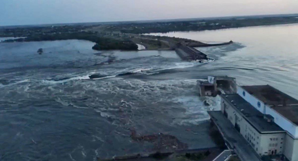 This handout picture released by the state-owned company Ukrhydroenergo shows the Kakhovka hydroelectric dam which was damaged in Nova Kakhovka, near Kherson, on June 6, 2023. A Russian-held dam in southern Ukraine was damaged on June 6, with Kyiv and Moscow accusing each other of blowing it up while locals were forced to flee rising waters. The dam was partially destroyed by "multiple strikes", Moscow-installed authorities claimed just as expectations were rising over the start of Ukraine's long-awaited offensive. (Photo by Handout / AFP) / RESTRICTED TO EDITORIAL USE - MANDATORY CREDIT "AFP PHOTO / Ukrhydroenergo " - NO MARKETING NO ADVERTISING CAMPAIGNS - DISTRIBUTED AS A SERVICE TO CLIENTS