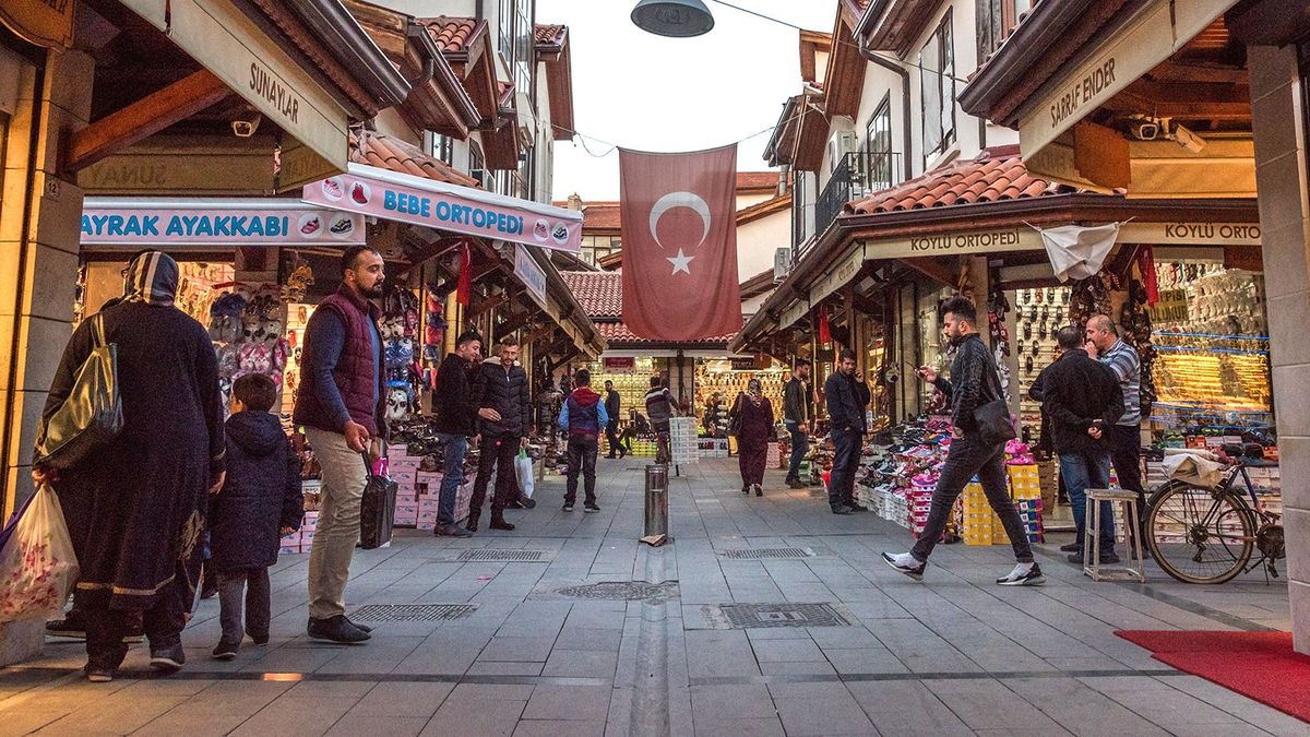 Daily life in Konya
On 27 Oct. 2018, a Turkish flag hangs over the old bazaar and street market place of Konya, an Anatolian city in Turkey.  (Photo by Diego Cupolo/NurPhoto) (Photo by Diego Cupolo / NurPhoto / NurPhoto via AFP)