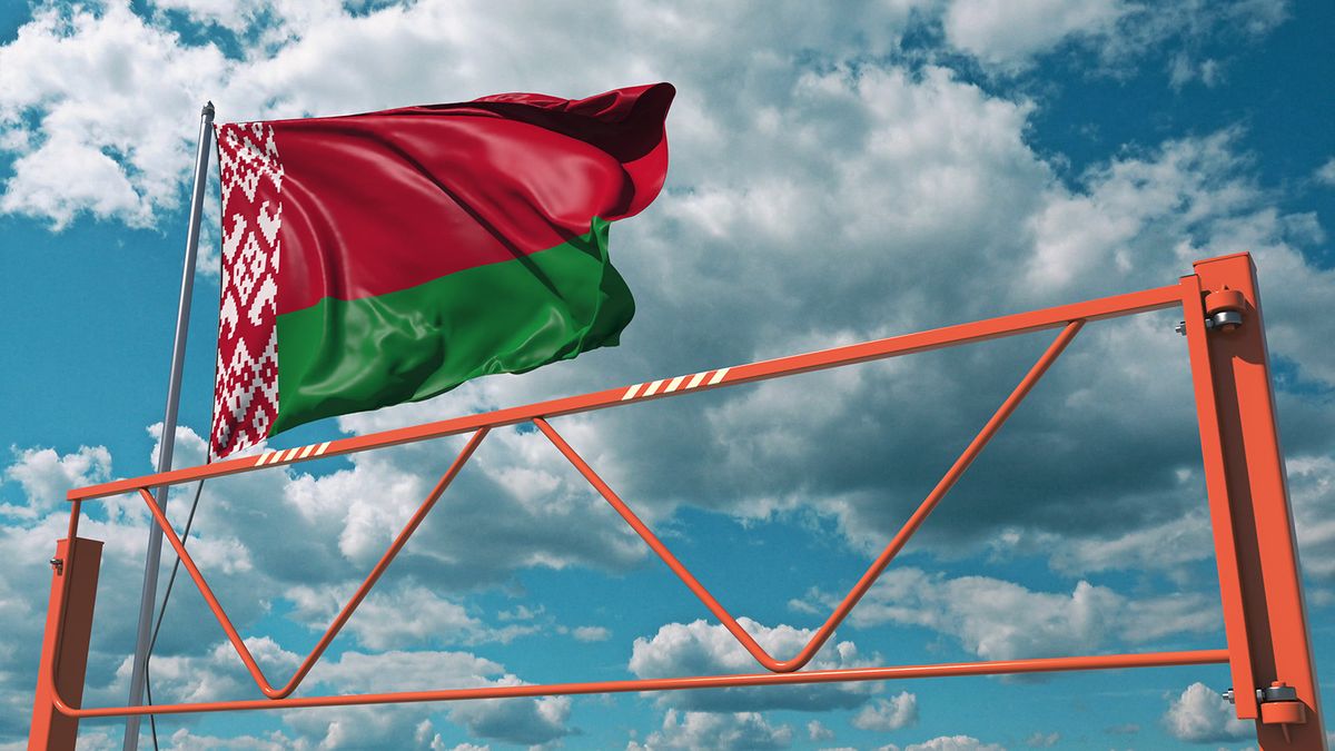 Flag,Of,Belarus,And,Swing,Arm,Barrier.,Entry,Ban,Conceptual
Flag of belarus and swing arm barrier. entry ban conceptual  animation 3D rendering