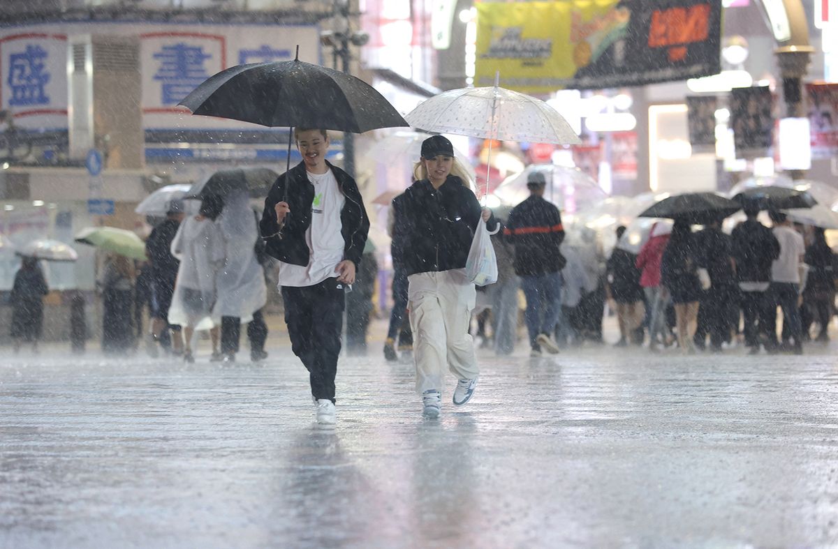 Powerful Typhoon Mawar approaches JapanPowerful Typhoon Mawar approaches JapanPedestrians walk under heavy rian triggered by Typhoon Mawar and the rainy season front in Sibuya Ward, Tokyo on June 2, 2023. The torrential rain will continue to track toward Chub area and Tokyo area.  The Japan Meteorological Agency (JMA) has issued an alert on the typhoon, bringing violent winds. ( The Yomiuri Shimbun ) (Photo by Hidenori Nagai / Yomiuri / The Yomiuri Shimbun via AFP)