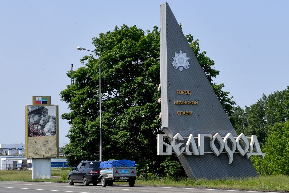RUSSIA-UKRAINE-CONFLICT-BORDERA sign read as "Belgorod, the city of military glory" is pictured on the entrance of the Russian city of Belgorod, some 40 km from border with Ukraine, on May 28, 2023. The Belgorod region, hit by strikes throughout the Kremlin's Ukraine offencive, was this week the scene of an unprecedented two-day incursion from Ukraine, with Russia using troops and artillery to put it down. (Photo by Olga MALTSEVA / AFP)
