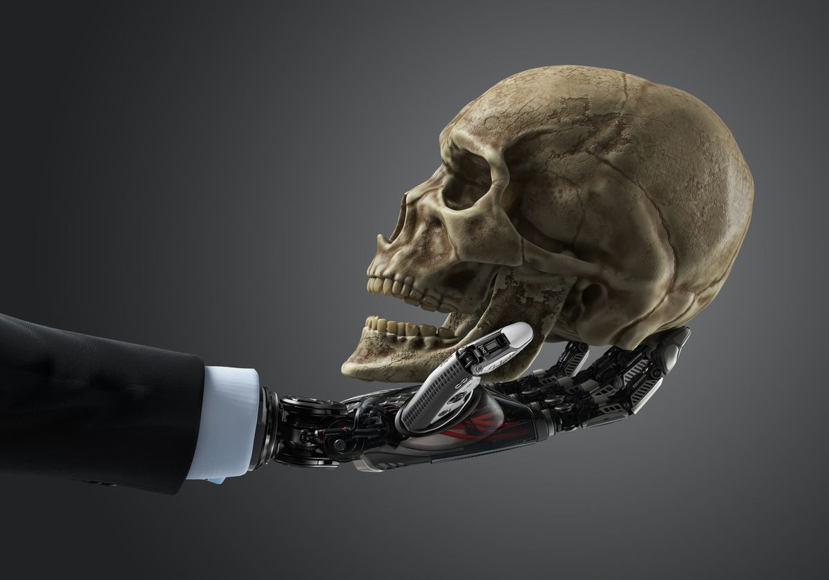 Business,Robotic,Arm,Holding,Human,Skull.,Artificial,Intelligence,Concept
