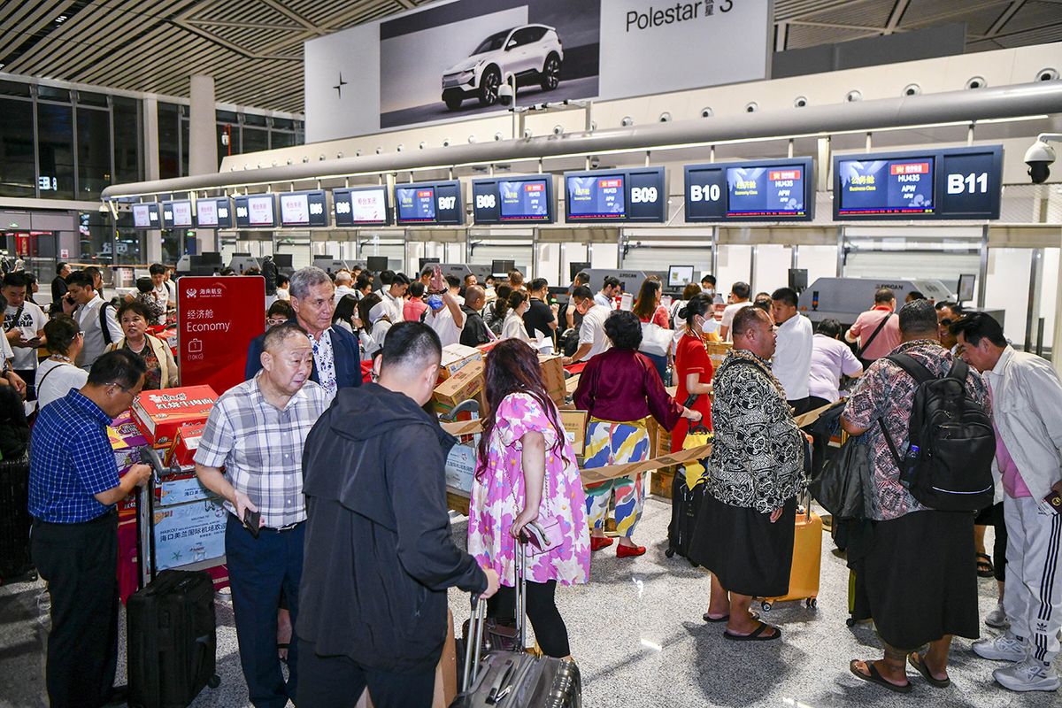 Regular direct flight route links China and SamoaREGULAR DIRECT FLIGHT HAIKOU SAMOA**CHINESE MAINLAND, HONG KONG, MACAU AND TAIWAN OUT** An air route linking Haikou and Apia, capital of Samoa, was launched, marking the start of a regular direct flight between the two countries, Haikou City, southernmost China's Hainan Province, 28 May, 2023. (Photo by Luo Yunfei / cnsphoto / Imaginechina via AFP)