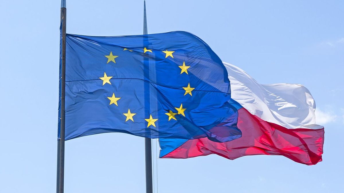 Flying,Flags,Of,Czech,Republic,And,European,Union
