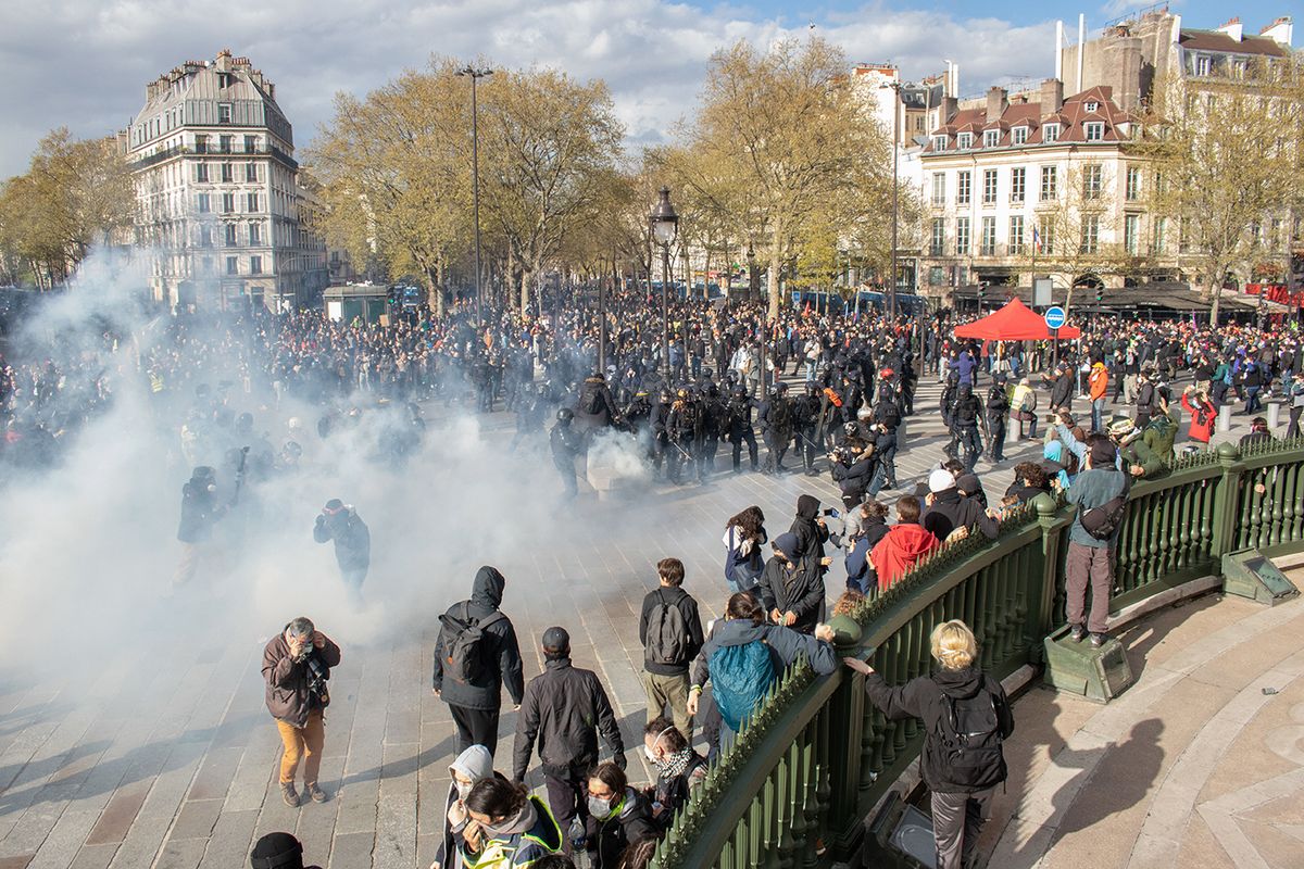 Paris: 400.000 strike against Macron's Pension reformApril 13, 2023, Paris, Ile de France, France: April 13, 2023, Paris France. On the 12th day, french citizens flood the streets between Place de l'Opera to Place de la Bastille protesting against the new retirement / pension laws. Smaller tensions and tear gas usage by CRS occured. Paris, France: At the end of the demonstration, hundreds of demonstrators remained in the Place de la Bastille. The participation was again in decline this Thursday for the twelfth day of mobilization against the pension reform, the figures of the unions as those of the authorities approaching their lowest levels since the beginning of the social movement. In the capital, the police headquarters counted 42,000 demonstrators (compared to 57,000 on 6 April) while the CGT claimed 400,000. protest Demonstration Against Pensions Reform In Paris, France April , 2023