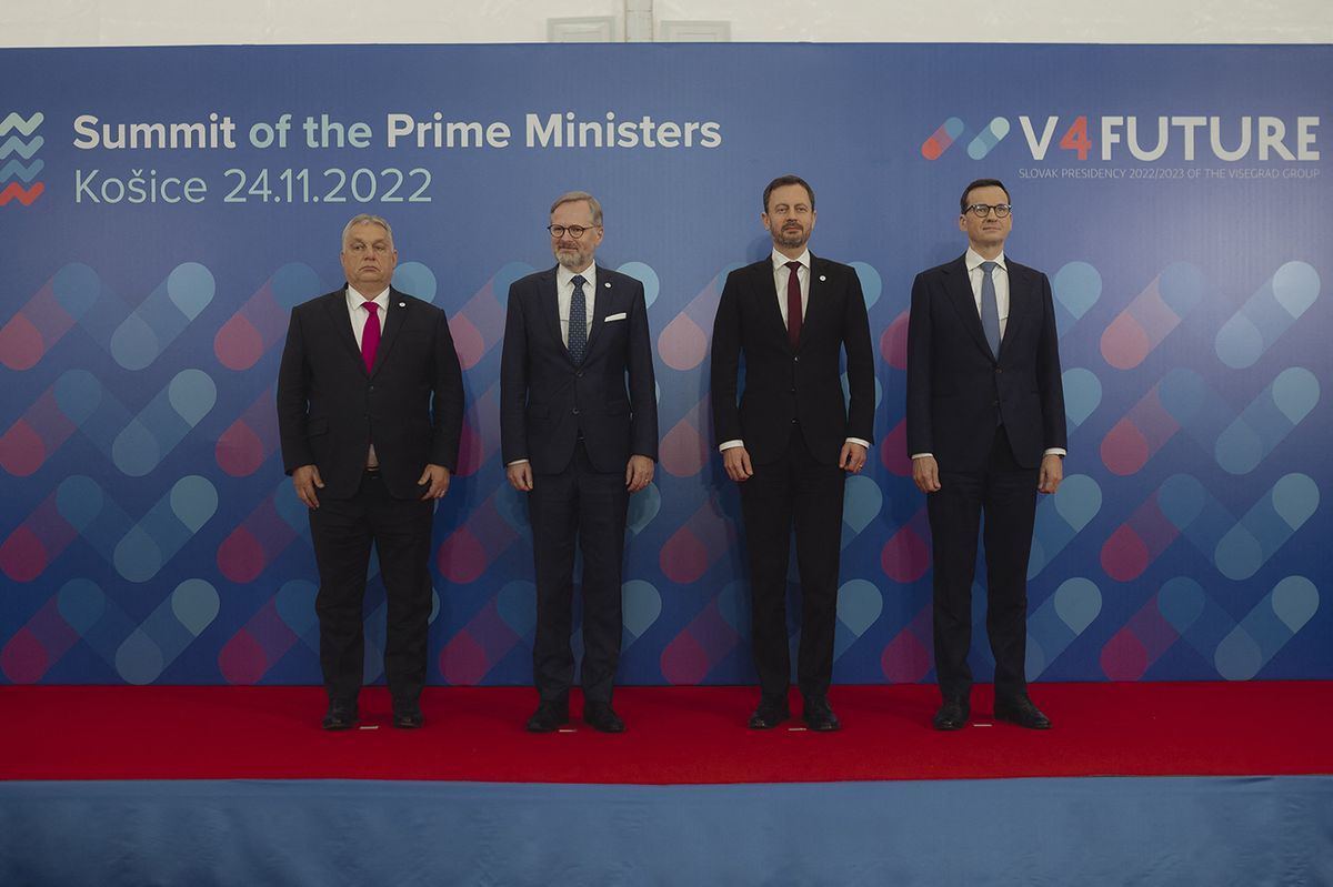The Visegrad Group meeting in SlovakiaKOSICE, SLOVAKIA - NOVEMBER 24: Prime Minister of Hungary Victor Orban (L), Prime Minister of Czech Republic Petr Fiala (2nd L), Slovakian Prime Minister Eduard Heger (2nd R) and Polish Prime Minister Mateusz Moraviecki (R) attend the photo call ahead of the Visegrad Group (V4) summit at Hotel Bankov in Kosice, Slovakia on November 24, 2022. The prime ministers of Slovakia, the Czech Republic, Poland, and Hungary will discuss the current situation in Europe in the context of Russia's aggressions in Ukraine and the energy crisis during the meeting. The meeting will also focus on illegal migration and an assessment of cooperation in the V4 region. Robert Nemeti / Anadolu Agency (Photo by Robert Nemeti / ANADOLU AGENCY / Anadolu Agency via AFP)