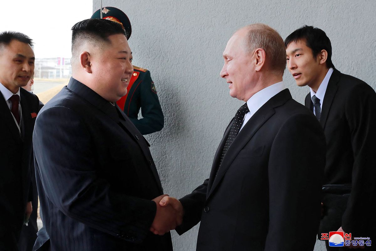 This picture taken on April 25, 2019 and released by North Korea's official Korean Central News Agency (KCNA) on April 26 shows North Korean leader Kim Jong Un (L) and Russian President Vladimir Putin shaking hands before their talks at the Far Eastern Federal University campus on Russky island in the far-eastern Russian port of Vladivostok. (Photo by KCNA VIA KNS / various sources / AFP) / South Korea OUT / REPUBLIC OF KOREA OUT   ---EDITORS NOTE--- RESTRICTED TO EDITORIAL USE - MANDATORY CREDIT "AFP PHOTO/KCNA VIA KNS" - NO MARKETING NO ADVERTISING CAMPAIGNS - DISTRIBUTED AS A SERVICE TO CLIENTSTHIS PICTURE WAS MADE AVAILABLE BY A THIRD PARTY. AFP CAN NOT INDEPENDENTLY VERIFY THE AUTHENTICITY, LOCATION, DATE AND CONTENT OF THIS IMAGE. /