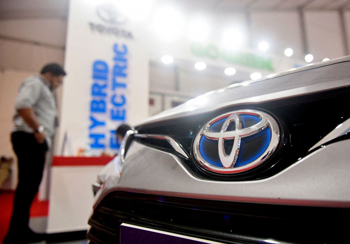 Global Investors Meet 2022 In Bangalore
Japanese car maker Toyota logo is seen in an electric passenger vehicle which are on display at Global Investors Meet 2022, in Bangalore, India, 02 November, 2022.  (Photo by Indranil Aditya/NurPhoto) (Photo by Indranil Aditya / NurPhoto / NurPhoto via AFP)