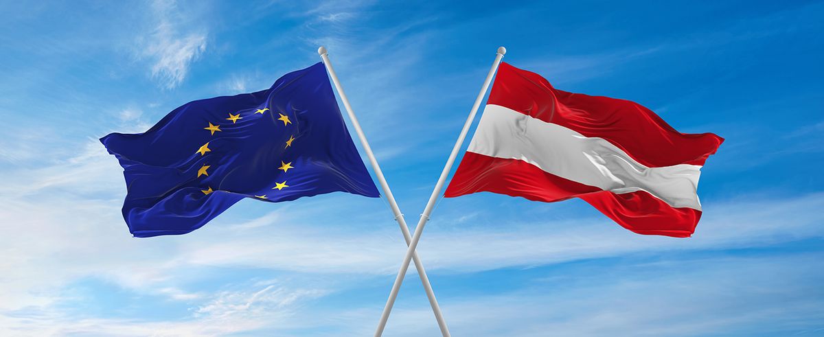 Flags,Of,European,Union,And,Austria,Waving,In,The,Wind