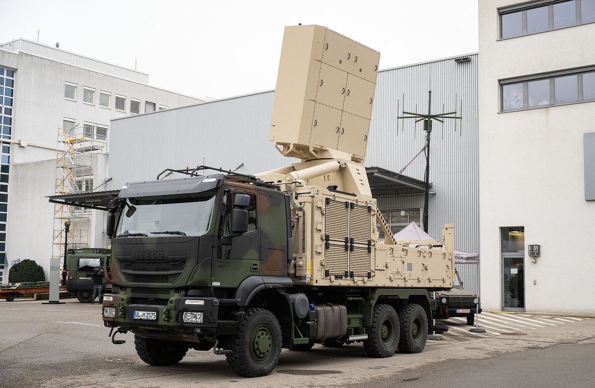 Hensoldt armaments group
16 January 2023, Baden-Wuerttemberg, Ulm: The TRML-4D short-range radar on a truck stands during a visit by Chancellor Scholz to the company's premises. Photo: Marijan Murat/dpa (Photo by MARIJAN MURAT / DPA / dpa Picture-Alliance via AFP)
