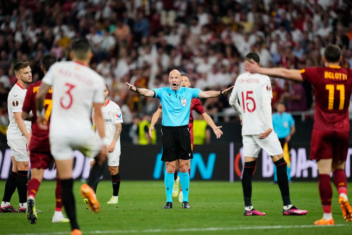 The referee Anthony Taylor reacts during the UEFA Europa League 2022/23 final match between Sevilla FC and AS Roma at Puskas Arena on May 31, 2023 in Budapest, Hungary.  
