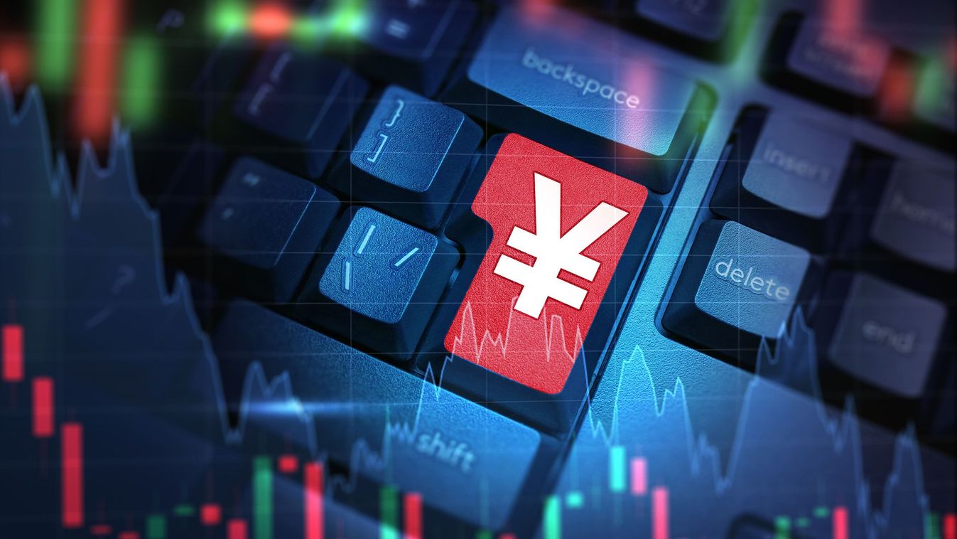 Graph of fall Japanese yen. Yen symbol on keyboard. Decline in Japanese national currency. Buying yen on electronic stock exchange. Japanese government bonds concept. Trading on Japan stock exchange