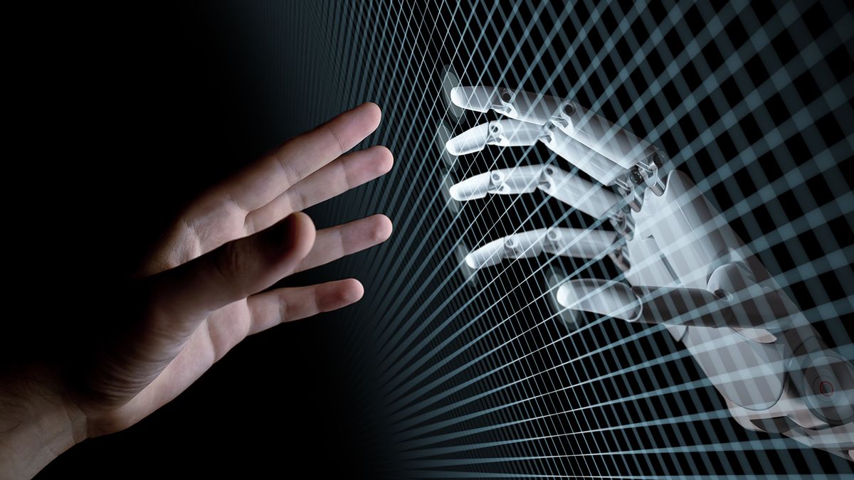 Hands,Of,Robot,And,Human,Touching,Through,Virtual,Grid,On Hands of Robot and Human Touching Through Virtual Grid on Black Background. Virtual Reality or Artificial Intelligence Technology Concept 3d Illustration