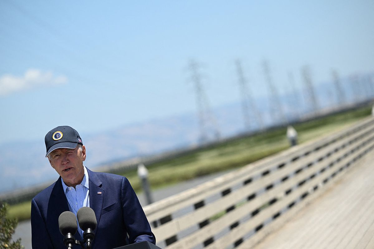 US President Joe Biden delivers remarks on his administration's environmental efforts at the Lucy Evans Baylands Nature Interpretive Center and Preserve in Palo Alto, California, on June 19, 2023. (Photo by ANDREW CABALLERO-REYNOLDS / AFP)