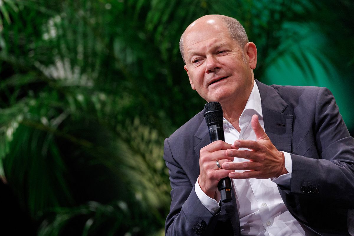 38. German Protestant Church Congress
10 June 2023, Bavaria, Nuremberg: Olaf Scholz, Chancellor of the Federal Republic of Germany, speaks at the 38th German Protestant Church Congress. The 38th German Protestant Kirchentag will be held in Nuremberg from June 07 to June 11, 2023. Photo: Daniel Karmann/dpa (Photo by DANIEL KARMANN / DPA / dpa Picture-Alliance via AFP)