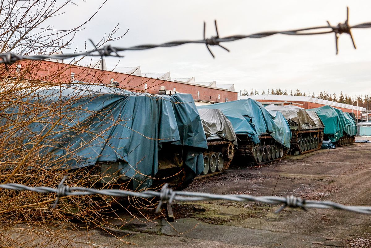 Leopard-1 battle tank
04 February 2023, Schleswig-Holstein, Flensburg: Several Leopard 1 main battle tanks stand on the factory premises of Flensburger Fahrzeugbau Gesellschaft (FFG). The German government approves the delivery of the tanks to Ukraine. Photo: Axel Heimken/dpa (Photo by AXEL HEIMKEN / DPA / dpa Picture-Alliance via AFP)