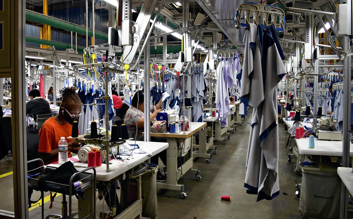Tian Yuan Factory in Arkansas
A picture shows a ready-wear garment factory of Tian Yuan Garments Co. in Little Rock, Arkansas on May 6, 2022. The company is based in Jiangsu province, China. Almost all workers on the production line are locals. ( The Yomiuri Shimbun ) (Photo by Kazuhiko Makita / Yomiuri / The Yomiuri Shimbun via AFP)