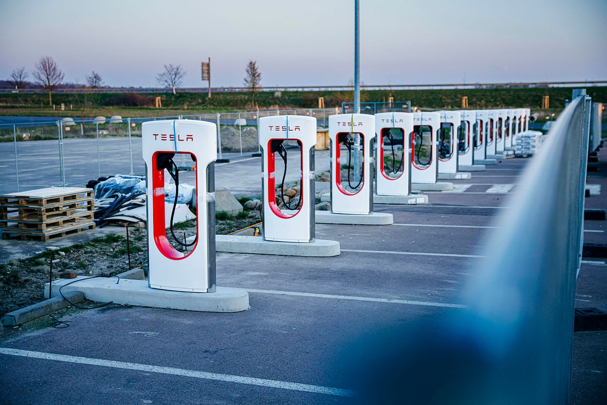 Tesla Supercharger charging stations
Symbolic photo on the subject of electromobility. Tesla Supercharger charging stations are being installed at a construction site at a motorway service area. Bitterfeld, 06.04.2023 (Photo by Thomas Trutschel / Photothek / dpa Picture-Alliance via AFP)