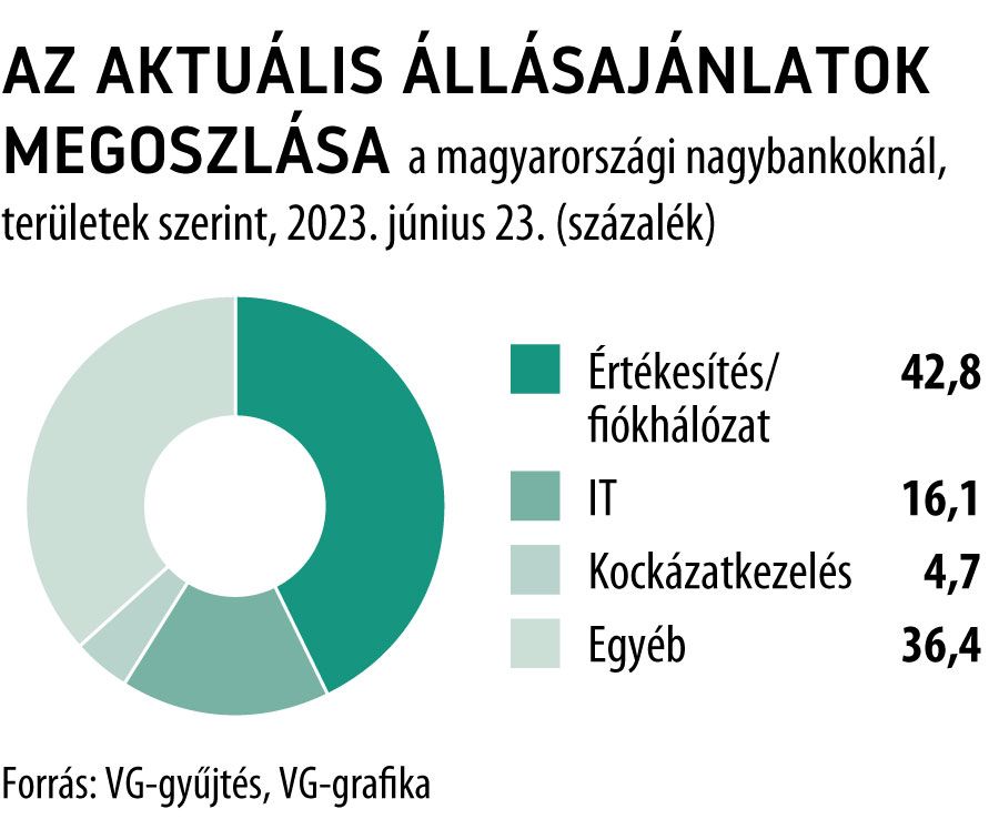 Az aktuális állásajánlatok megoszlása a magyarországi nagybankoknál, területek szerint, 2023. június 23.
