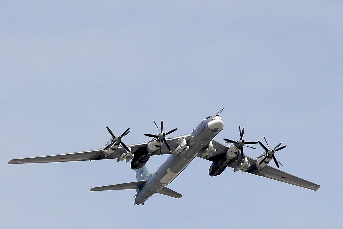 Rehearsal of Victory Day military parade in Moscow
MOSCOW, RUSSIA - MAY 07: Russian Tupolev Tu-95 flies over Moscow during the general rehearsal for the Victory Day parade in Moscow, Russia, 07 May 2022. The Victory parade will take place on the Red Square on 09 May to commemorate the victory of the Soviet Union's Red Army over Nazi-Germany in WWII. Sefa Karacan / Anadolu Agency (Photo by SEFA KARACAN / ANADOLU AGENCY / Anadolu Agency via AFP)