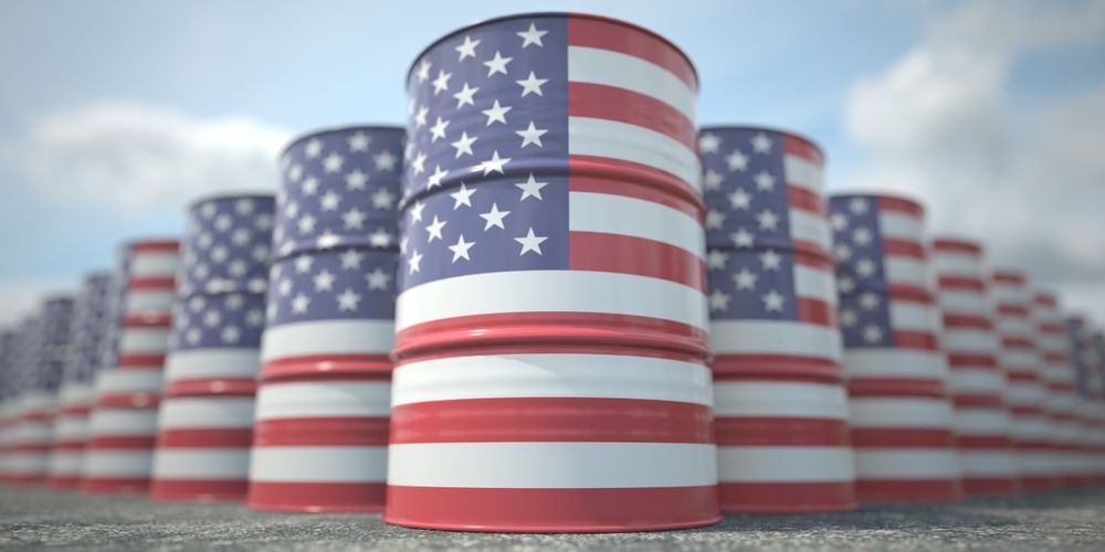Barrels,Or,Oil,Drums,With,Flag,Of,The,Usa.,Petroleum
