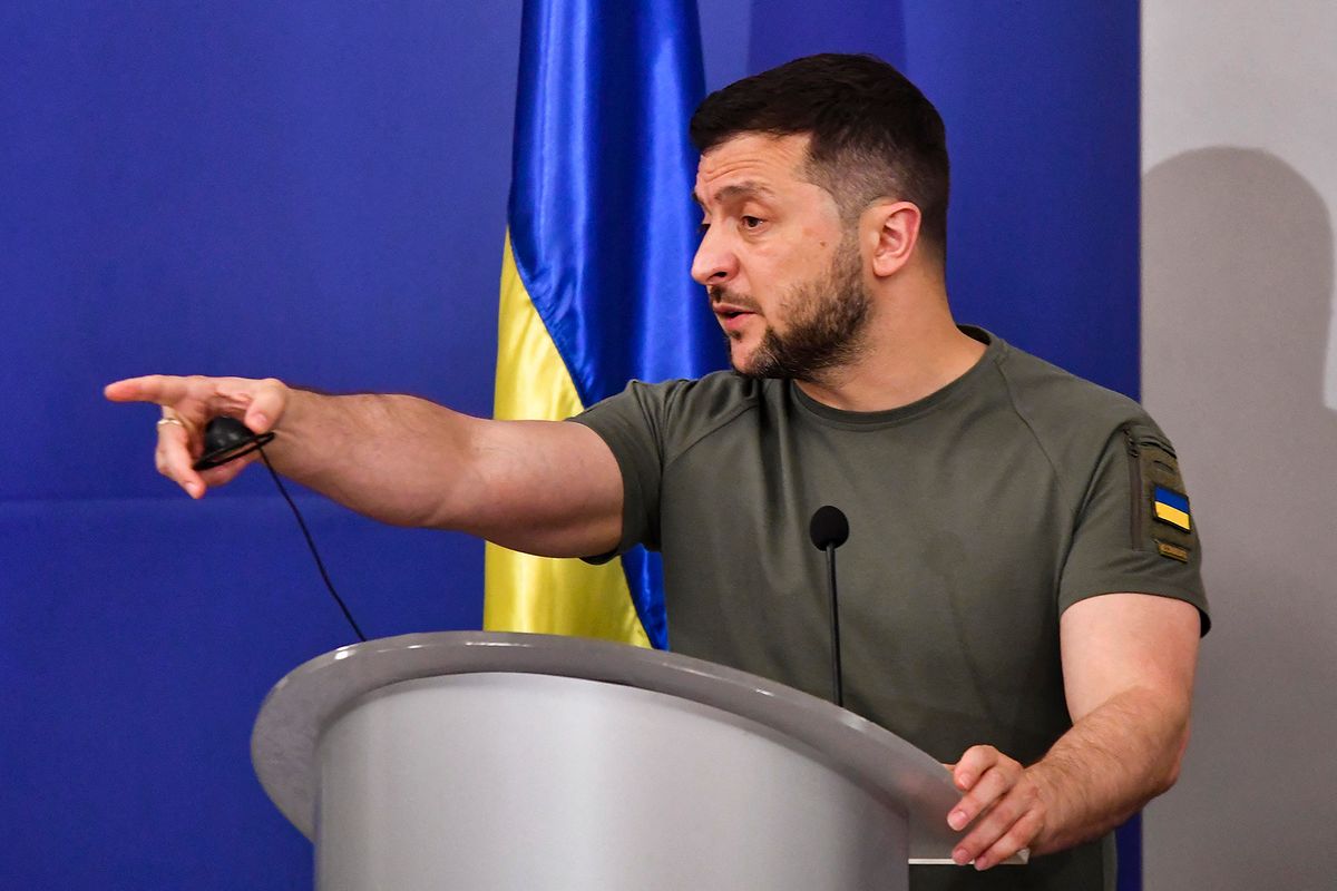 President Of Ukraine Volodymyr Zelensky Visit Bulgaria
Ukrainian President Volodymyr Zelensky during a joint press conference with Bulgaria's Prime Minister Nikolay Denkov, at the Council of Ministers office in Sofia, Bulgaria, Thursday, July 6, 2023 (Photo by Georgi Paleykov/NurPhoto) (Photo by Georgi Paleykov / NurPhoto / NurPhoto via AFP)