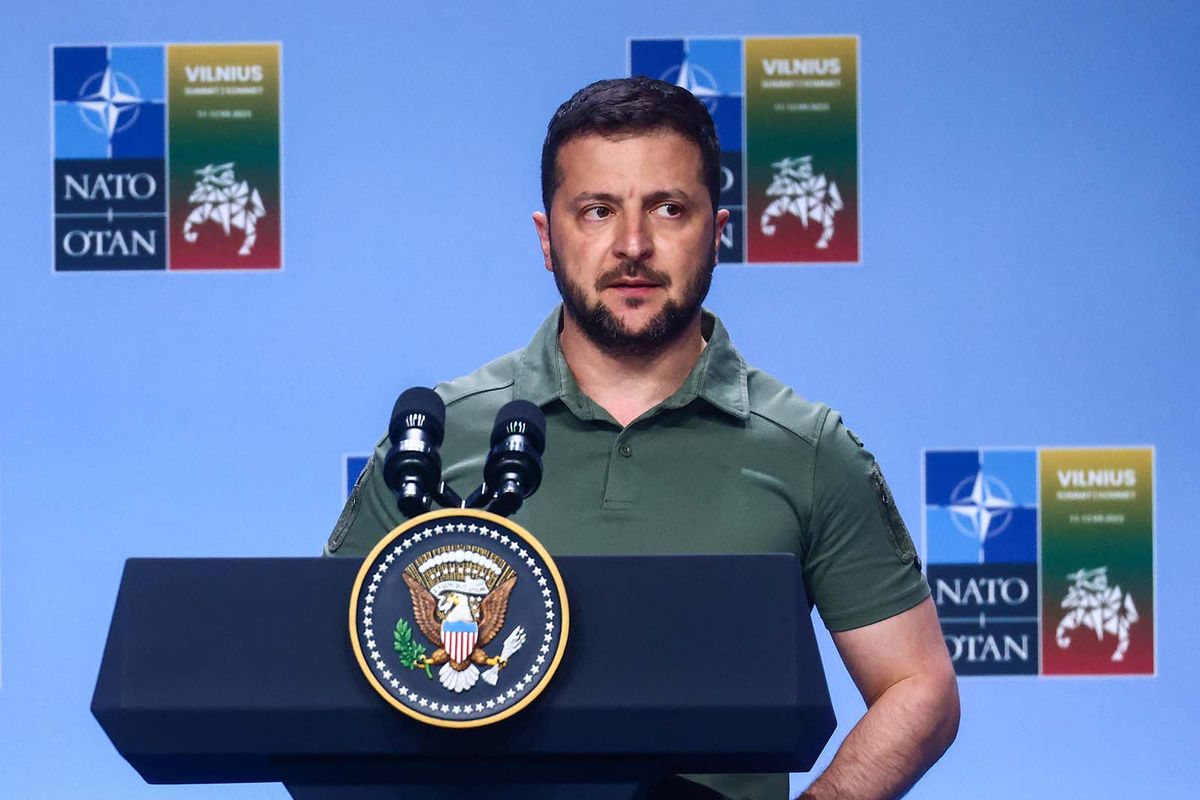 NATO Summit In Vilnius, Lithuania
Ukrainian President Volodomyr Zelenskyy speaks during G7 Declaration of Joint Support for Ukraine during NATO Summit at LITEXPO Lithuanian Exhibition and Congress Center in Vilnius, Lithuania on July 12, 2023.  (Photo by Beata Zawrzel/NurPhoto) (Photo by Beata Zawrzel / NurPhoto / NurPhoto via AFP)