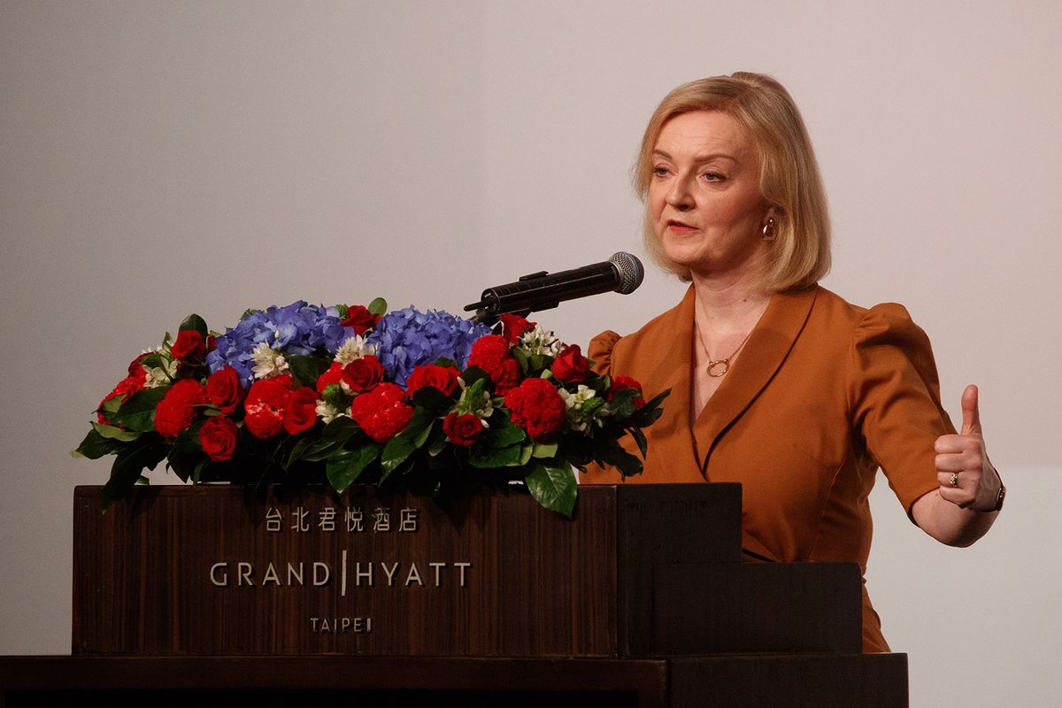 Former British Prime Minister Liz Truss visits Taiwan
epa10633084 Former British Prime Minister Liz Truss delivers a speech, during an event in Taipei, Taiwan, 17 May 2023. Former British Prime Minister Liz Truss is visiting Taiwan for five days to meet with several high-ranking officials.  EPA/RITCHIE B. TONGO