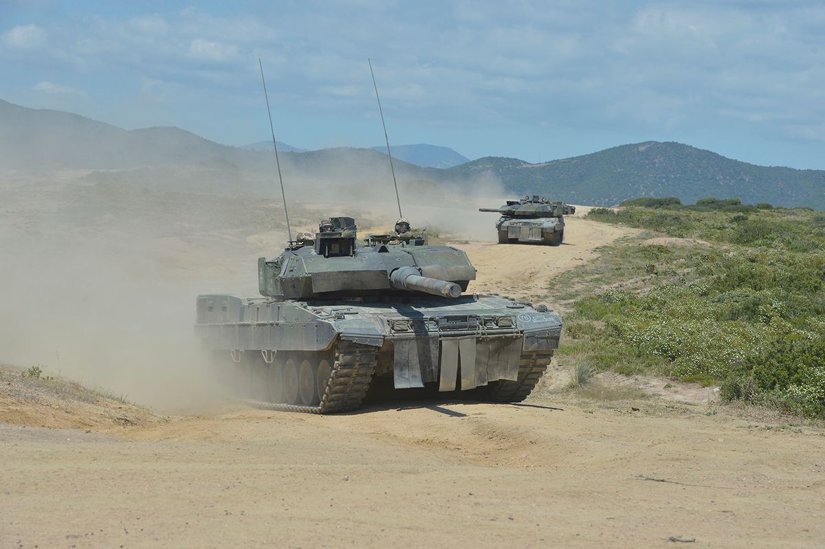 German Army Leopard 2A7V Main Battle Tanks During Exercise Nobel Jump 2023May 5, 2023, Capo Teulada, Sardinia, Italy: German Army Leopard 2A7V main battle tanks with the Panzerbataillon 393 armor battalion conduct tactical maneuvers during NATO Exercise Nobel Jump 2023 at the Capo Teulada Training Area, May 5, 2023 in Capo Teulada, Sardinia, Italy. (Credit Image: © Msgt Carl Schulze/Nato Command/Planet Pix via ZUMA Press Wire)