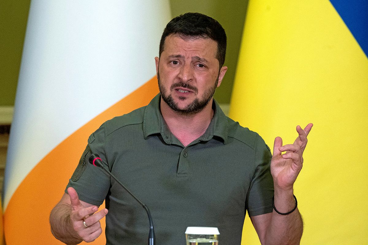 Taoiseach Leo Varadkar visit to KyivUkraine's President Volodymyr Zelensky speaks as he attends a meeting with Taoiseach Leo Varadkar at Horodetskyi House, in Kyiv, Ukraine. Picture date: Wednesday July 19, 2023.