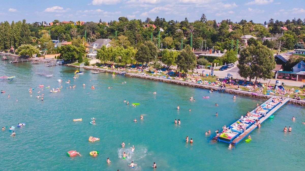 Aerial,View,Of,Lake,With,Swimming,People.,Summer,Time.,Travel