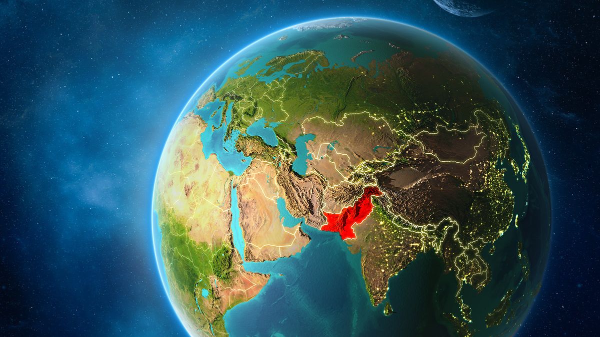 Planet,Earth,With,Highlighted,Pakistan,In,Space,With,Moon,And
Planet Earth with highlighted Pakistan in space with Moon and Milky Way. Visible city lights and country borders. 3D illustration. Elements of this image furnished by NASA.