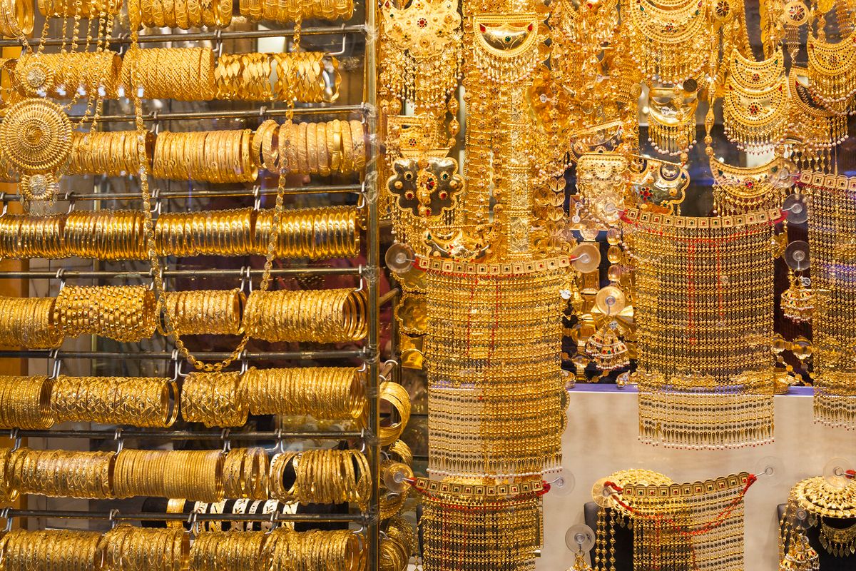 United Arab Emirates, Dubai, Deira, Gold Souk, gold jewelry (Photo by BIBIKOW Walter / Hemis.fr / hemis.fr / Hemis via AFP) United Arab Emirates, Dubai, Deira, Gold Souk, gold jewelry (Photo by BIBIKOW Walter / Hemis.fr / hemis.fr / Hemis via AFP)