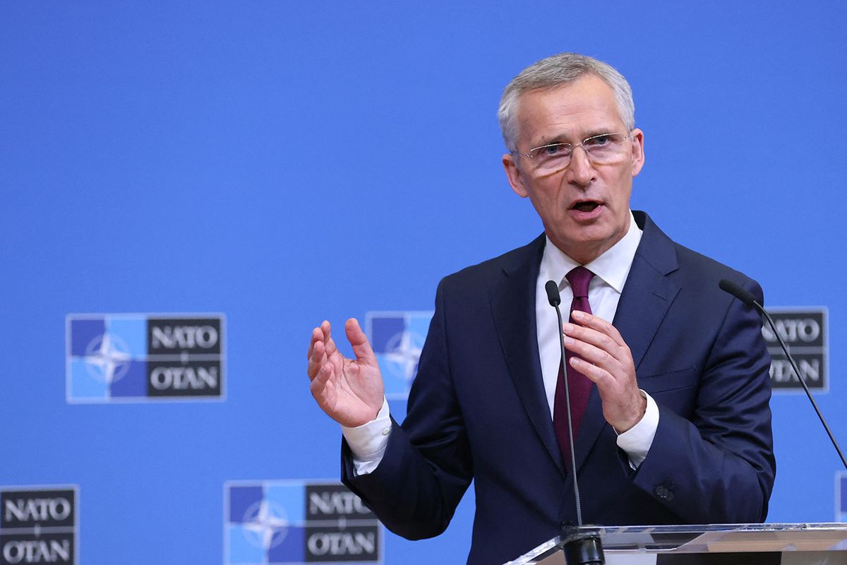 BELGIUM-NATO-POLITICS-DIPLOMACYNATO Secretary General Jens Stoltenberg gestures as he addresses media representatives at a press conference at NATO Headquarters in Brussels on July 6, 2023, following a meeting between the foreign ministers of Turkey and Sweden. NATO chief Jens Stoltenberg said that he has convened a meeting between the leaders of Turkey and Sweden on the eve of a summit next week to push Stockholm's stalled membership bid."What we are working to achieve is a positive decision at the summit where Turkey makes clear it is ready to ratify," Stoltenberg said after talks at NATO headquarters with foreign ministers from the two countries. (Photo by François WALSCHAERTS / AFP)
