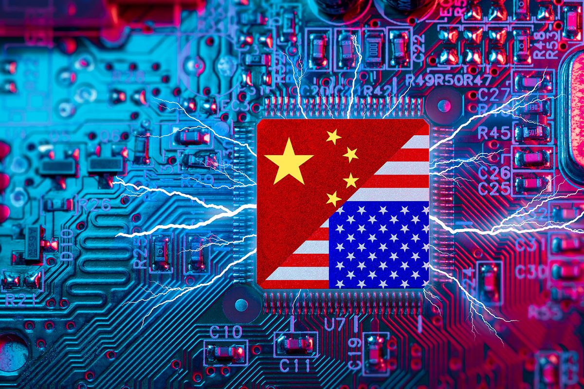 Flag,Usa,And,China,On,Computer,Cpu.,Chip,War,Crisis,
Flag USA and China on Computer CPU. Chip War Crisis, Global semiconductor technology factory fighting supply battle over chips manufacturing USA and China.