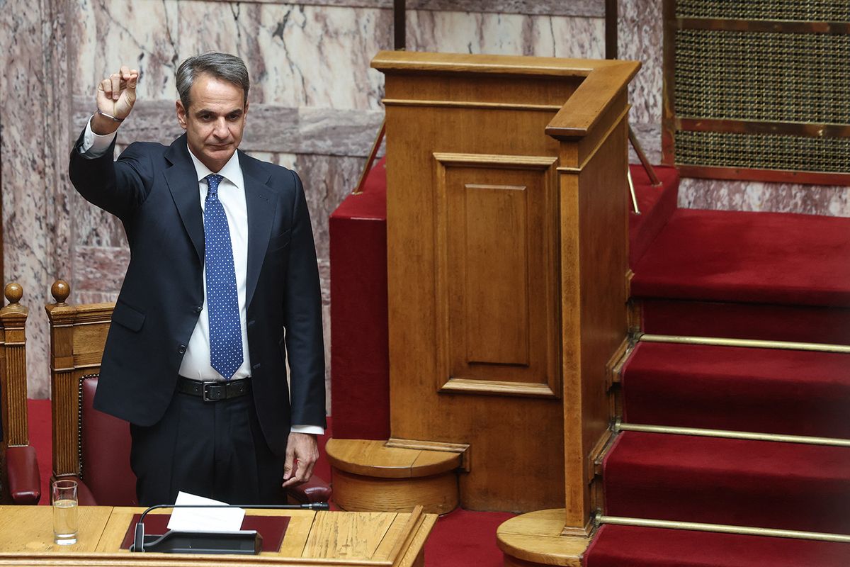 Members of the Greek parliament attend the swearing-in ceremony in Athens
ATHENS, GREECE - JULY 03: Newly elected Greek Prime Minister Kyriakos Mitsotakis swears during the swearing-in ceremony at the Greek parliament in Athens, Greece on July 03, 2023. Costas Baltas / Anadolu Agency (Photo by COSTAS BALTAS / ANADOLU AGENCY / Anadolu Agency via AFP)