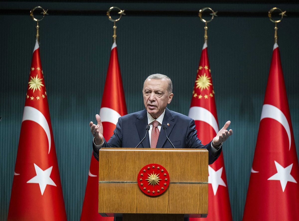 Turkish President Recep Tayyip Erdogan
ANKARA, TURKIYE - JUNE 14: Turkish President Recep Tayyip Erdogan makes remarks following the Presidential Cabinet Meeting in Ankara, Turkiye on June 14, 2023. Aytac Unal / Anadolu Agency (Photo by Aytac Unal / ANADOLU AGENCY / Anadolu Agency via AFP)