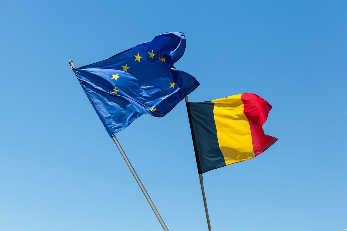 European,Flag,With,Belgium,Flag,In,Front,Of,Blue,Sky