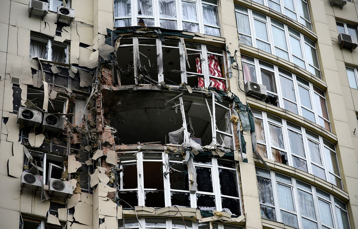 Russian kamikaze drones attack on Kyiv
KYIV, UKRAINE - MAY 08, 2023 - Destroyed apartments of a residential building hit by the debris of a Russian Shahed kamikaze drone in the Sviatoshynskyi district of Kyiv, capital of Ukraine.NO USE RUSSIA. NO USE BELARUS. (Photo by Ruslan Kaniuka / NurPhoto / NurPhoto via AFP)