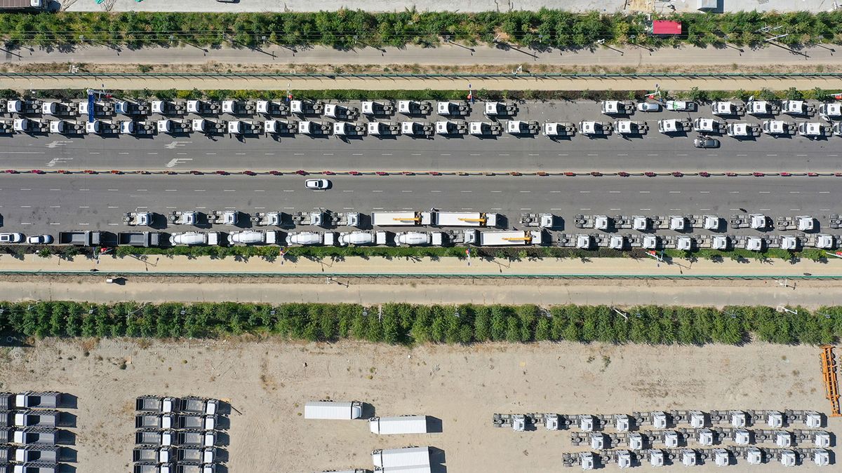 CHINA-XINJIANG-HORGOS-VEHICLES-EXPORT (CN)(230727) -- HORGOS, July 27, 2023 (Xinhua) -- This aerial photo taken on July 26, 2023 shows domestically-made vehicles at the Horgos comprehensive bonded area in northwest China's Xinjiang Uygur Autonomous Region.  More and more domestically-made automobiles have been exported through the Horgos Port, one of China's closest ports to Central Asia and Europe by land transport, to countries along the Belt and Road, including Kazakhstan, Uzbekistan and Russia. (Xinhua/Ding Lei)Xinhua News Agency / eyevineContact eyevine for more information about using this image:T: +44 (0) 20 8709 8709E: info@eyevine.comhttp://www.eyevine.com