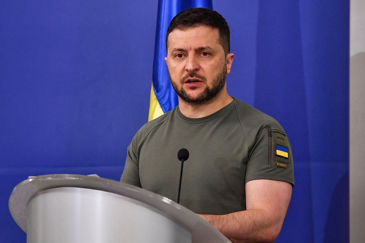 President Of Ukraine Volodymyr Zelensky Visit Bulgaria
Ukrainian President Volodymyr Zelensky during a joint press conference with Bulgaria's Prime Minister Nikolay Denkov, at the Council of Ministers office in Sofia, Bulgaria, Thursday, July 6, 2023 (Photo by Georgi Paleykov/NurPhoto) (Photo by Georgi Paleykov / NurPhoto / NurPhoto via AFP)