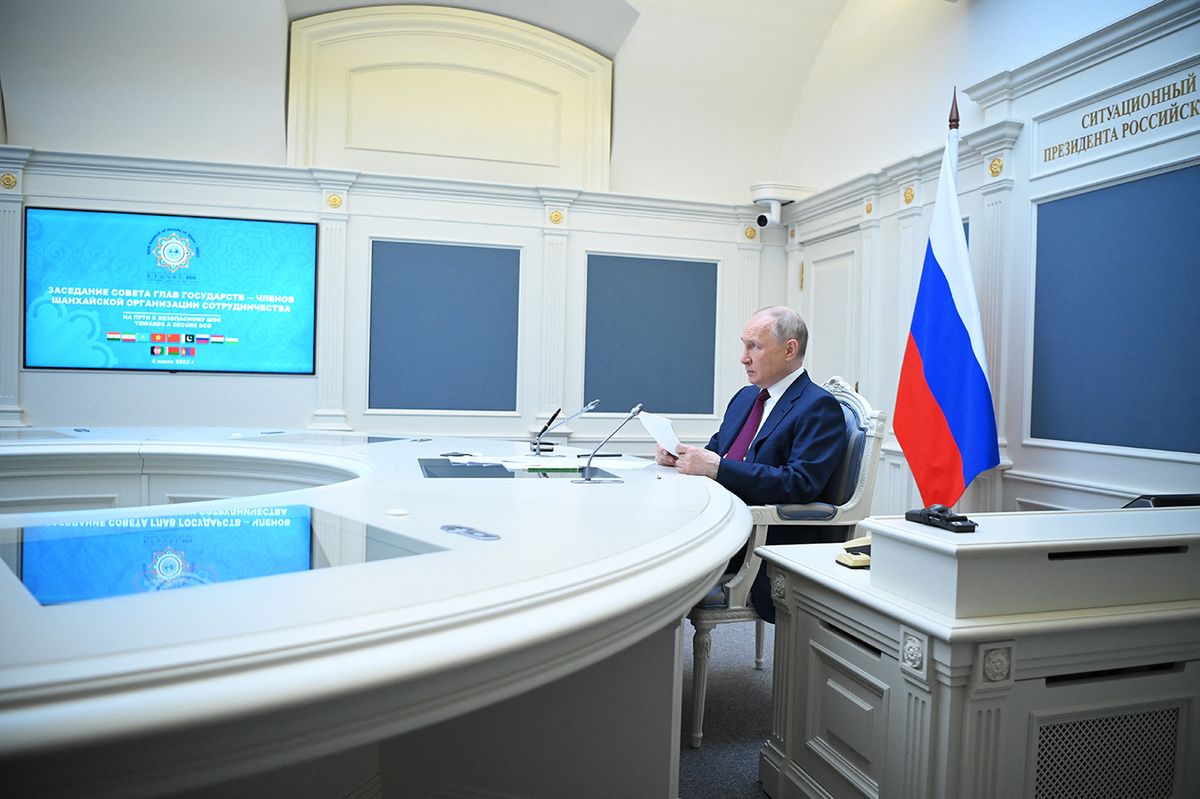 RUSSIA-SCO-SUMMIT
Russian President Vladimir Putin attends a meeting of the Shanghai Cooperation Organisation (SCO) Heads of State Council via a video conference at the Kremlin in Moscow on July 4, 2023. (Photo by Alexander Kazakov / SPUTNIK / AFP)